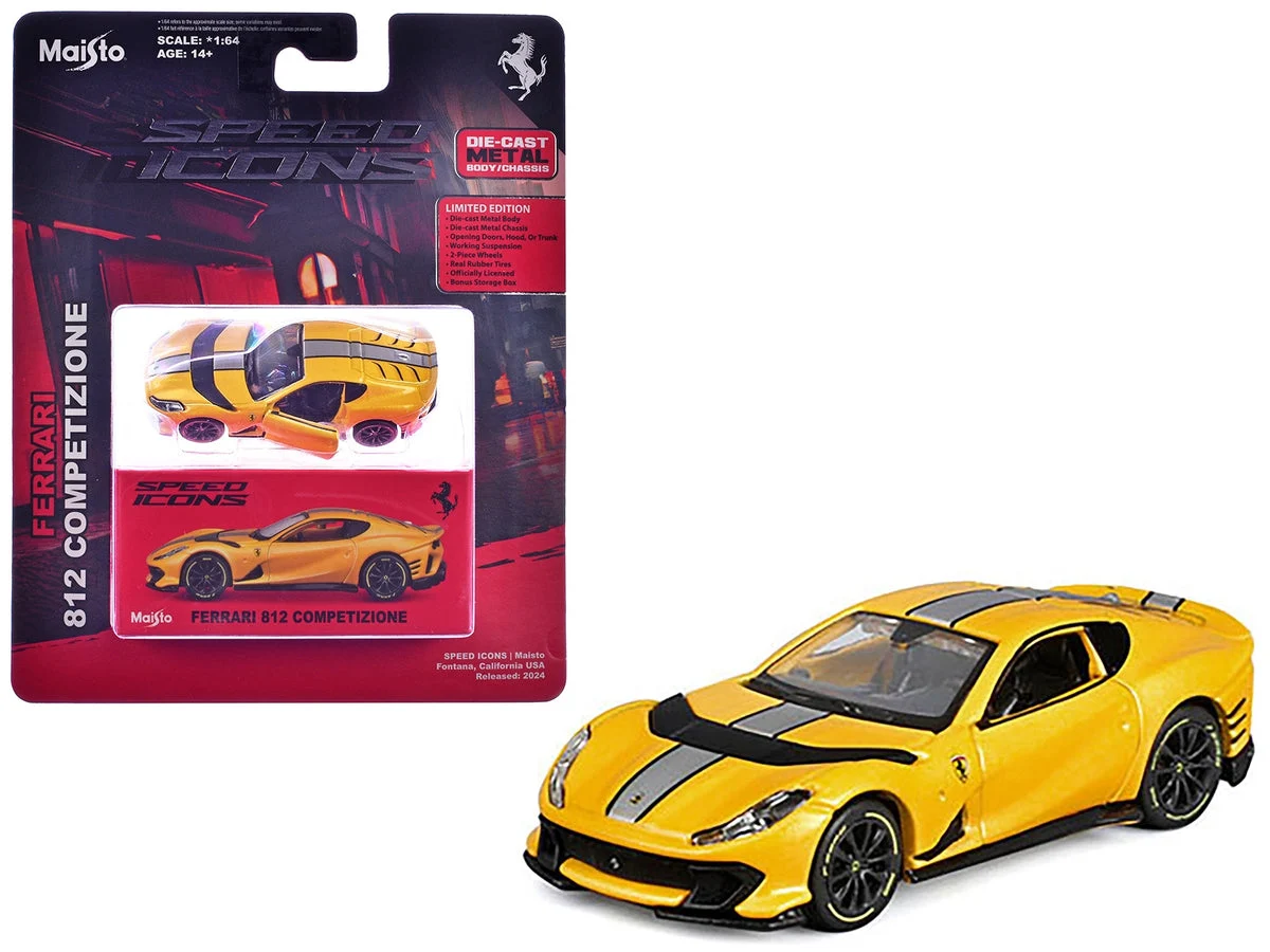 Ferrari 812 Competizione Yellow Metallic with Silver Stripe "Speed Icons" Series 1/64 Diecast Model Car by Maisto