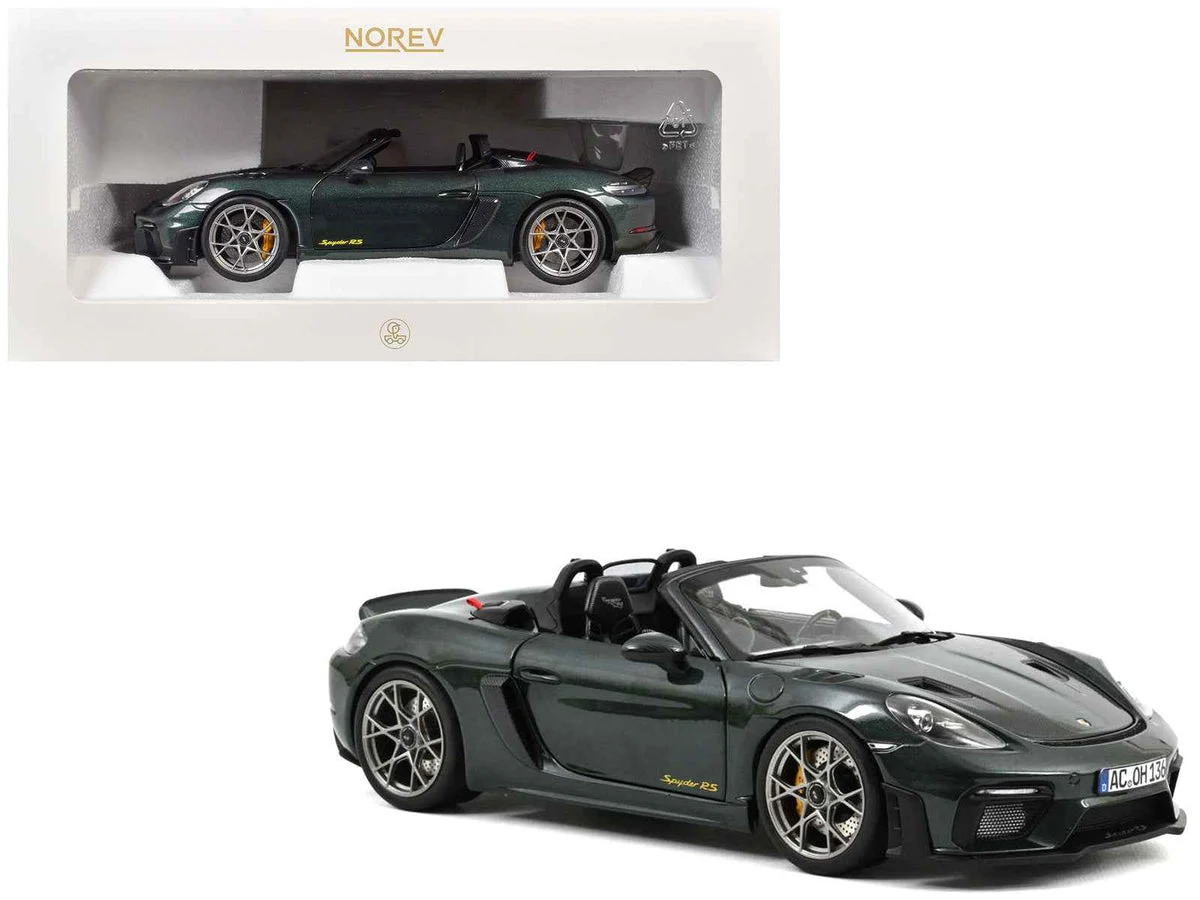 2023 Porsche 718 Spyder RS Weissach Pack Forest Green Metallic with Carbon Hood Stripes 1/18 Diecast Model Car by Norev