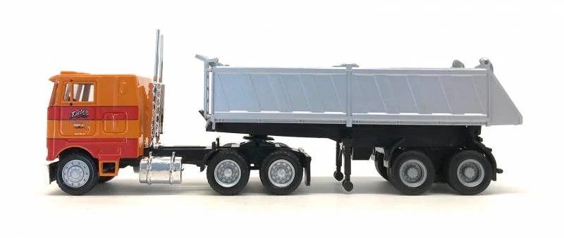 Peterbilt COE 2 Axle Semi (Orange & Red ) w/ 2 Axle End Dump Trailer 1:87 (HO) Scale Model By Promotex