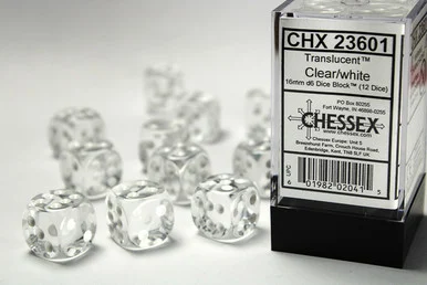 23601 - Translucent 16mm d6 Clear/white Dice Block™ (12 dice)