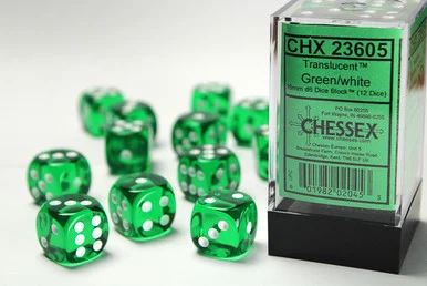 23605 - Translucent 16mm d6 Green/white Dice Block™ (12 dice)