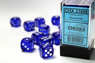 23606 - Translucent 16mm d6 Blue/white Dice Block™ (12 dice)