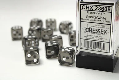 23608 - Translucent 16mm d6 Smoke/white Dice Block™ (12 dice)