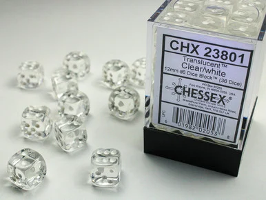 23801 - Translucent 12mm d6 Clear/white Dice Block™ (36 dice)