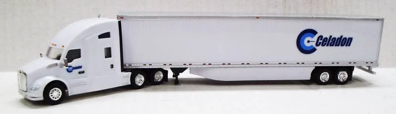 Kenworth T680 Sleeper Cab (White) W/ 53’ Dry Van, Celadon Trucking Livery, 1:87 (HO) Scale Model - Trucks N Stuff