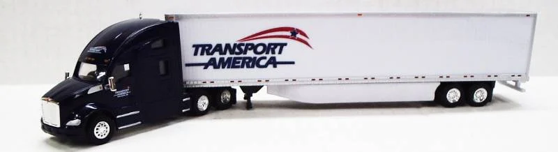 Kenworth T680 Sleeper Cab (Black) W/ 53’ Dry Van, Transport America Livery, 1:87 (HO) Scale Model - Trucks N Stuff