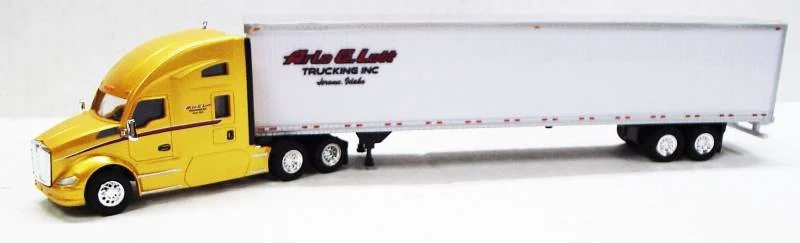 Kenworth T680 Sleeper Cab (Yellow) W/ 53’ Dry Van Arlo G Lott Trucking Livery, 1:87 (HO) Scale Model - Trucks N Stuff