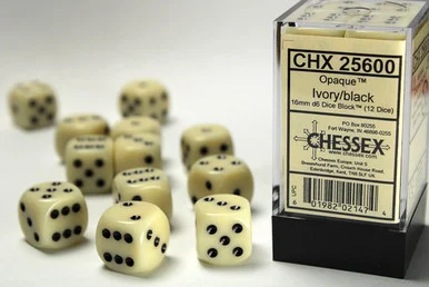 25600 - Opaque 16mm d6 Ivory/black Dice Block™ (12 dice)