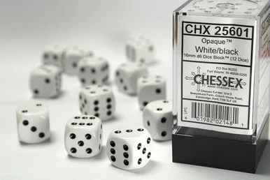 25601 - Opaque 16mm d6 White/black Dice Block™ (12 dice)