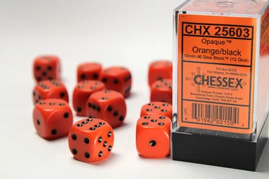 25603 - Opaque 16mm d6 Orange/black Dice Block™ (12 dice)