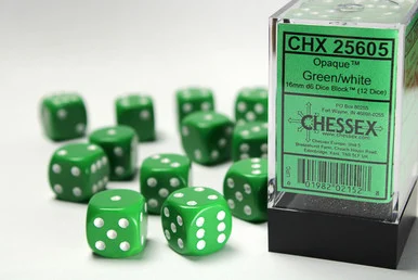 25605 - Opaque 16mm d6 Green/white Dice Block™ (12 dice)