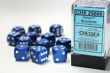 25606 - Opaque 16mm d6 Blue/white Dice Block™ (12 dice)
