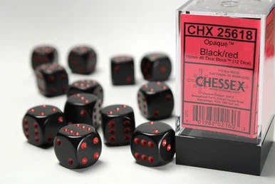 25618 - Opaque 16mm d6 Black/red Dice Block™ (12 dice)