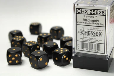25628 - Opaque 16mm d6 Black/gold Dice Block™ (12 dice)