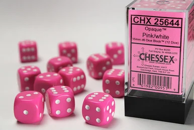 25644 - Opaque 16mm d6 Pink/white Dice Block™ (12 dice)