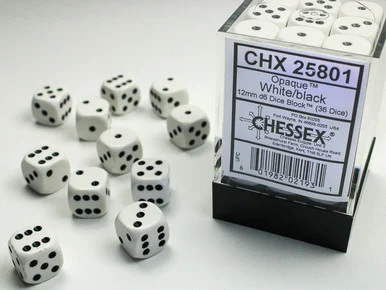 25801 - Opaque 12mm d6 White/black Dice Block™ (36 dice)