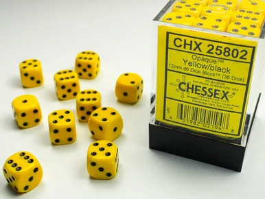 25802 - Opaque 12mm d6 Yellow/black Dice Block™ (36 dice)