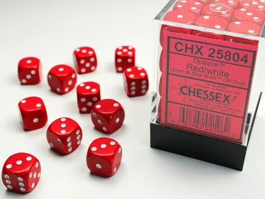 25804 - Opaque 12mm d6 Red/white Dice Block™ (36 dice)