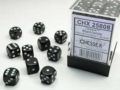 25808 - Opaque 12mm d6 Black/white Dice Block™ (36 dice)