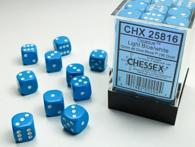 25816 - Opaque 12mm d6 Light Blue/white Dice Block™ (36 dice)