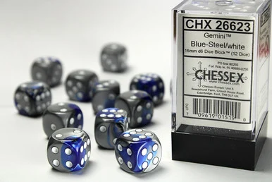 26623 - Gemini® 16mm d6 Blue-Steel/white Dice Block™ (12 dice)