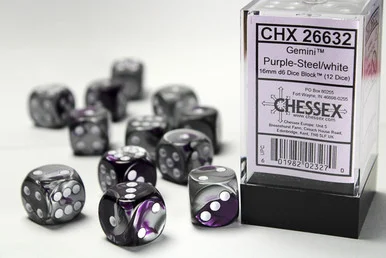 26632 - Gemini® 16mm d6 Purple-Steel/white Dice Block™ (12 dice)
