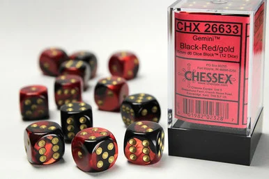 26633 - Gemini® 16mm d6 Black-Red/gold Dice Block™ (12 dice)