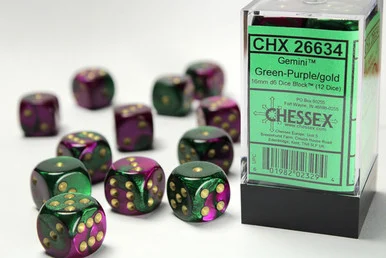 26634 - Gemini® 16mm d6 Green-Purple/gold Dice Block™ (12 dice)