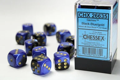 26635 - Gemini® 16mm d6 Black-Blue/gold Dice Block™ (12 dice)