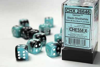 26646 - Gemini® 16mm d6 Black-Shell/white Dice Block™ (12 dice)
