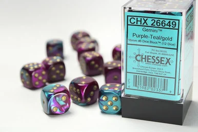 26649 - Gemini® 16mm d6 Purple-Teal/gold Dice Block™ (12 dice)