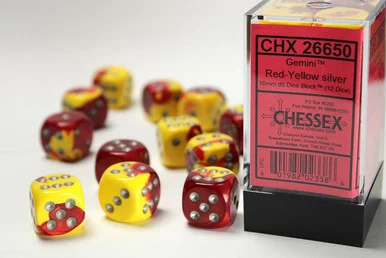 26650 - Gemini® 16mm d6 Red-Yellow/silver Dice Block™ (12 dice)