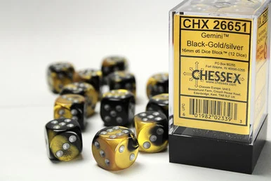 26651 - Gemini® 16mm d6 Black-Gold/silver Dice Block™ (12 dice)