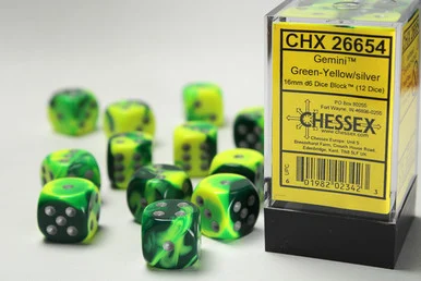 26654 - Gemini® 16mm d6 Green-Yellow/silver Dice Block™ (12 dice)