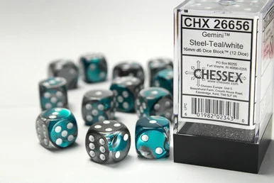 26656 - Gemini® 16mm d6 Steel-Teal/white Dice Block™ (12 dice)