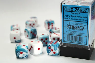 26657 - Gemini® 16mm d6 Astral Blue-White/red Dice Block™ (12 dice)