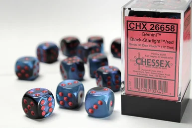26658 - Gemini® 16mm d6 Black-Starlight/red Dice Block™ (12 dice)