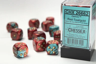 26662 - Gemini® 16mm d6 Red-Teal/gold Dice Block™ (12 dice)
