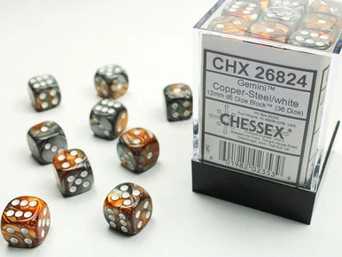 26824 - Gemini® 12mm d6 Copper-Steel/white Dice Block™ (36 dice)