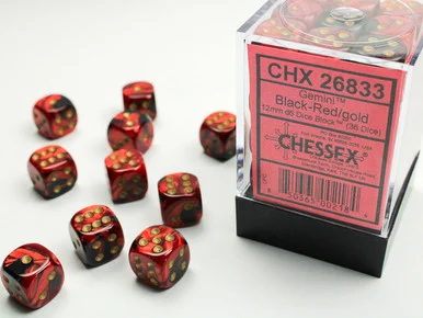 26833 - Gemini® 12mm d6 Black-Red/gold Dice Block (36 dice)