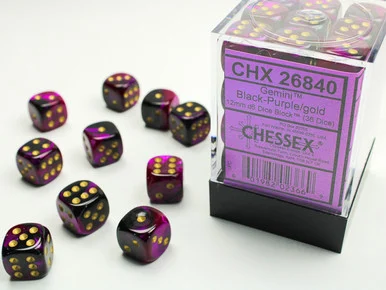 26840 - Gemini® 12mm d6 Black-Purple/gold Dice Block (36 dice)