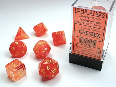 Chessex 27523 Ghostly Glow Orange/Yellow Polyhedral 7-Dice Set