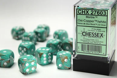 27603 - Marble 16mm d6 Oxi-Copper™/white Dice Block™ (12 dice)