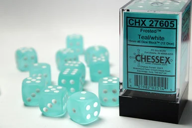 27605 - Frosted™ 16mm d6 Teal/white Dice Block™ (12 dice)