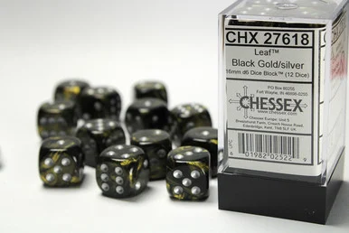 27618 - Leaf™ 16mm d6 Black Gold/silver Dice Block™ (12 dice)
