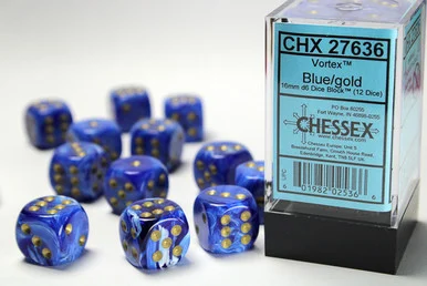 27636 - Vortex® 16mm d6 Blue/gold Dice Block™ (12 dice)