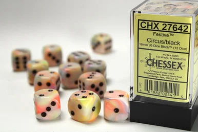 27642 - Festive® 16mm d6 Circus/black Dice Block™ (12 dice)