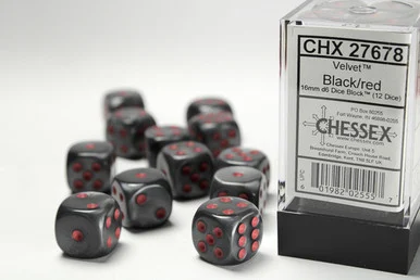 27678 - Velvet® 16mm d6 Black/red Dice Block™ (12 dice)