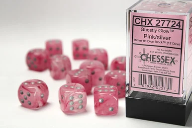 27724 - Ghostly Glow™ 16mm d6 Pink/silver Dice Block™ (12 dice)