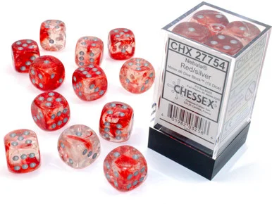 27754 - Nebula® 16mm d6 Red/silver Luminary™ Dice Block™ (12 dice)